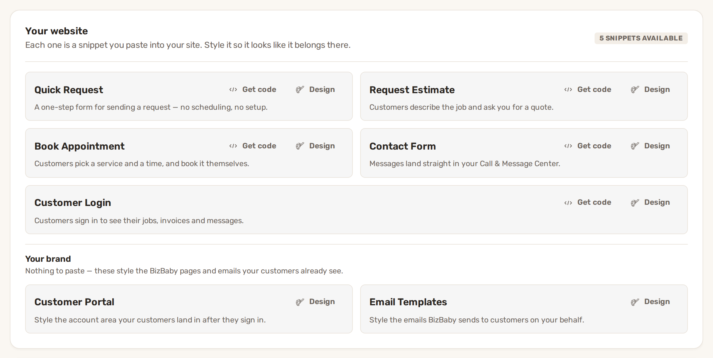 The Your website card on the Integrations tab: Quick Request, Request Estimate, Book Appointment, Contact Form and Customer Login, each with Get code and Design