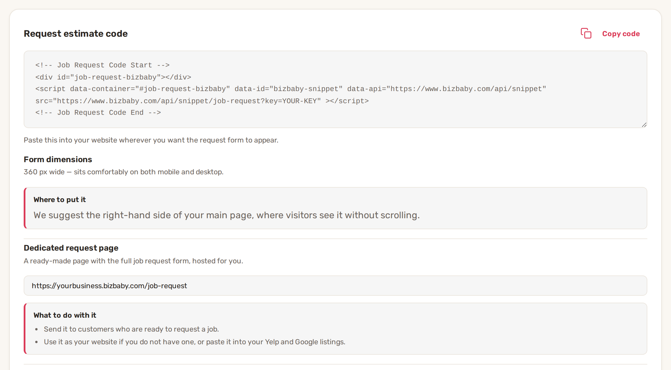 The Integrate request estimate page: the Request estimate code box with Copy code, Form dimensions, Where to put it, and the Dedicated request page address