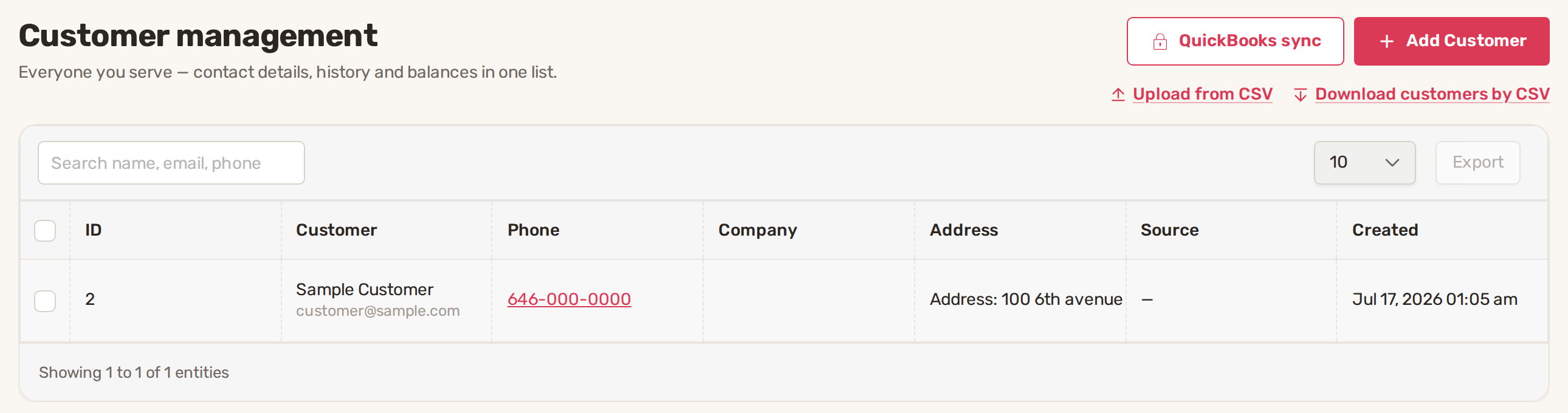 The Customer management page with Add Customer, Upload from CSV and the customer table