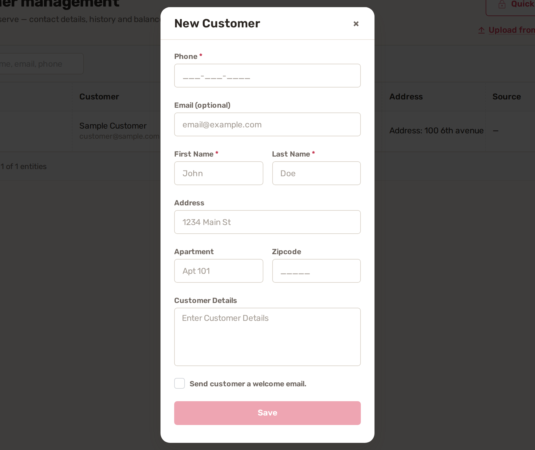 The New Customer form with phone, email, name, address, customer details and the welcome email box
