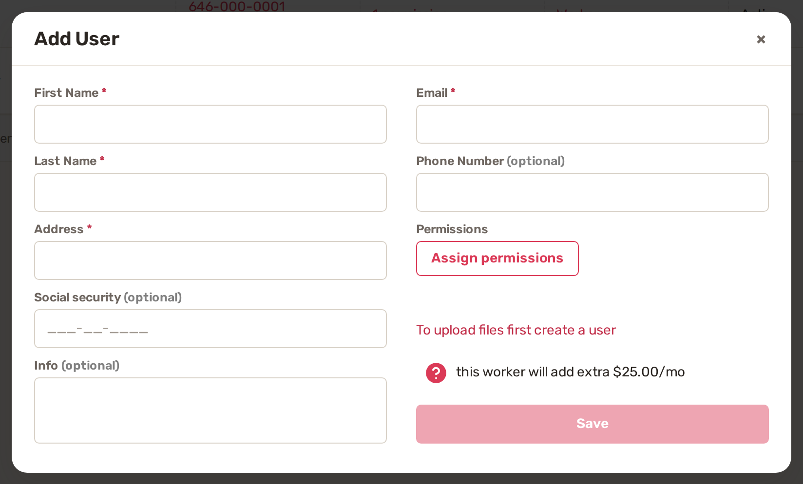 The Add User window with name, address, email, phone and the Assign permissions button