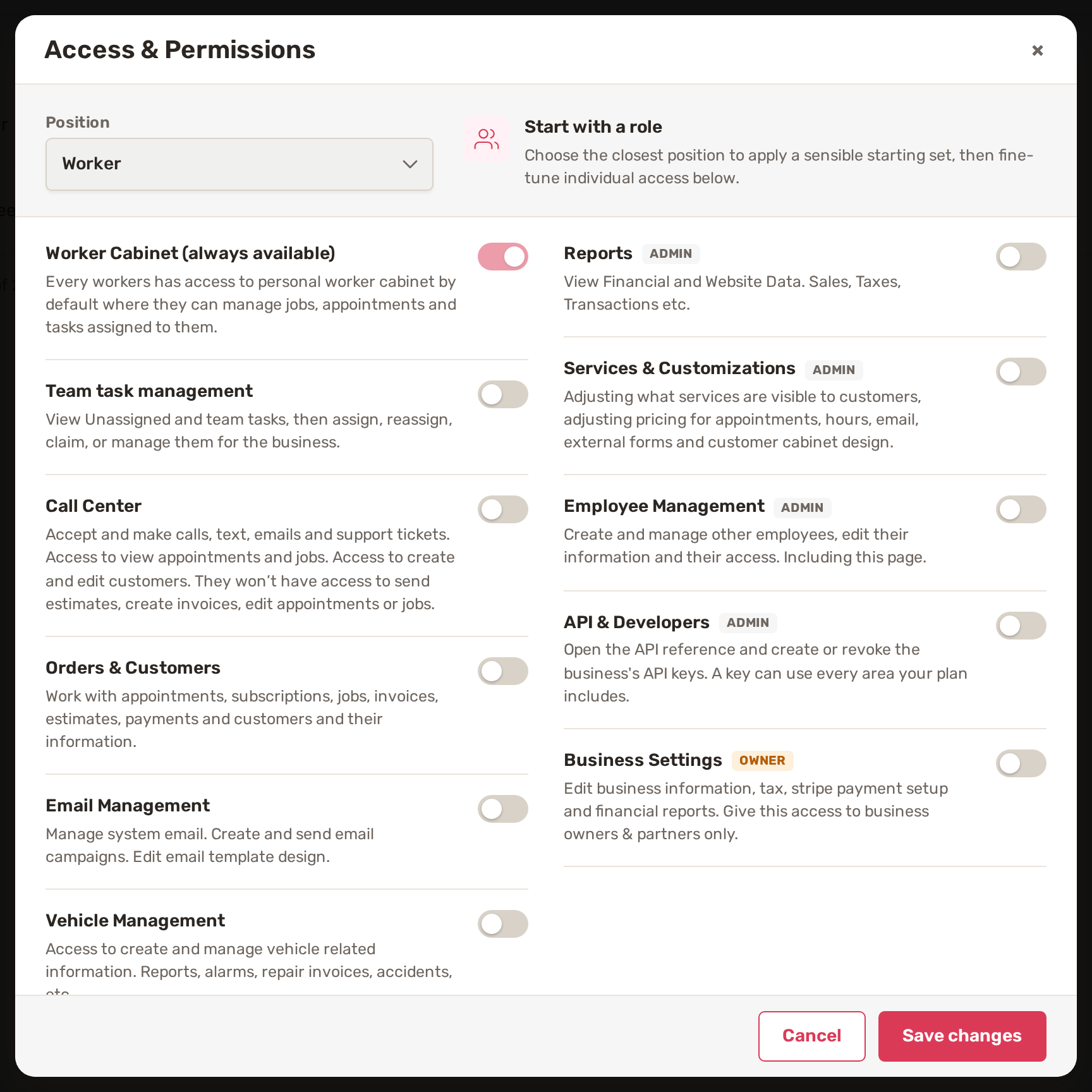 Access and Permissions window: Position, and switches for each area of BizBaby
