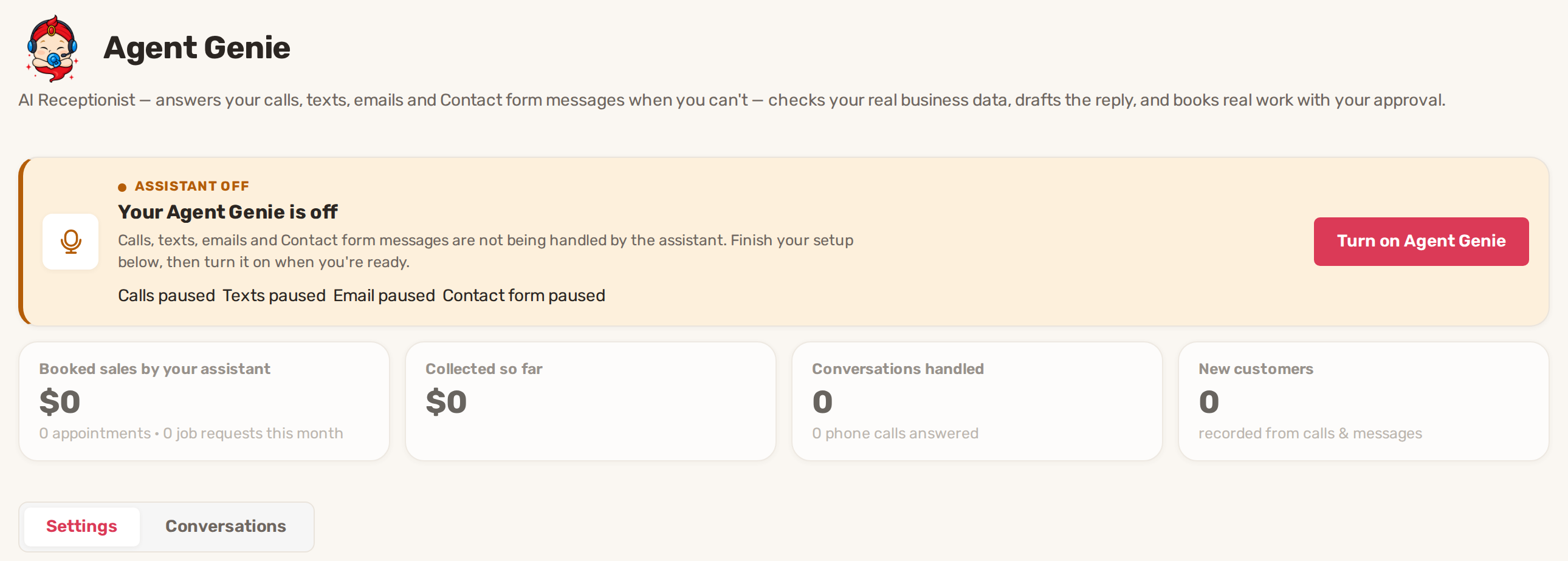 The Agent Genie page with the assistant off, the Turn on Agent Genie button and this month's results
