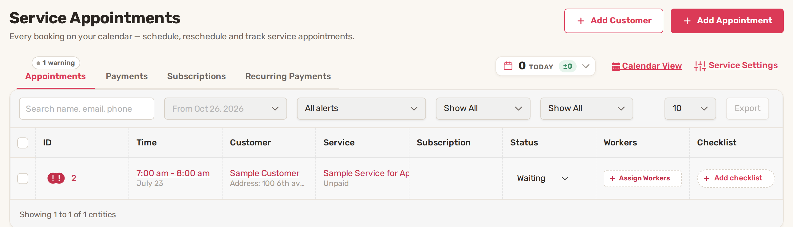 The Service Appointments page with the Appointments tab, filters and one appointment in the list