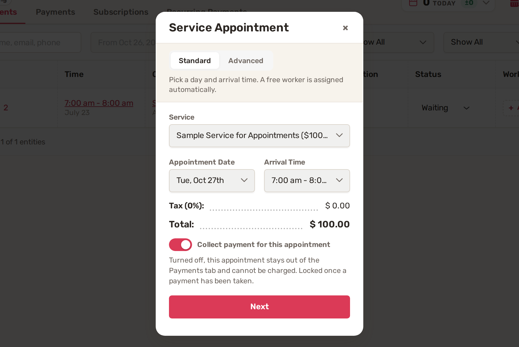 The Service Appointment window on Standard: service, appointment date, arrival time, total and the Collect payment switch