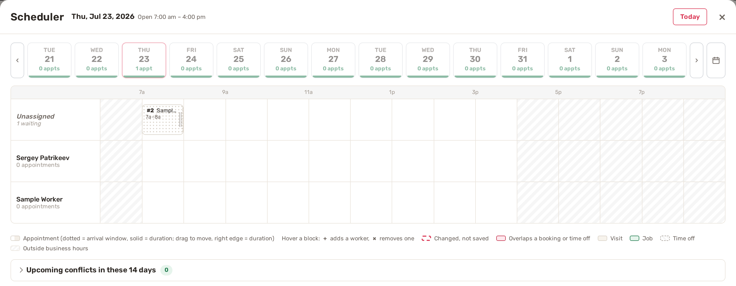 The Scheduler window: a strip of days with appointment counts above one line per worker and an Unassigned line