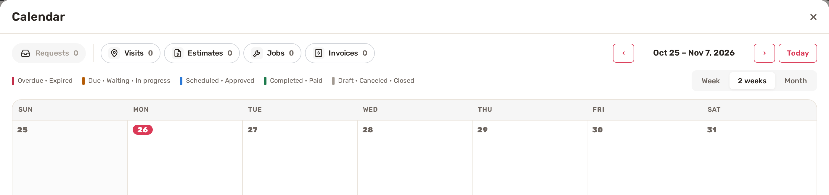 The Calendar window for Jobs and Invoices with Requests, Visits, Estimates, Jobs and Invoices filters and Week, 2 weeks and Month views