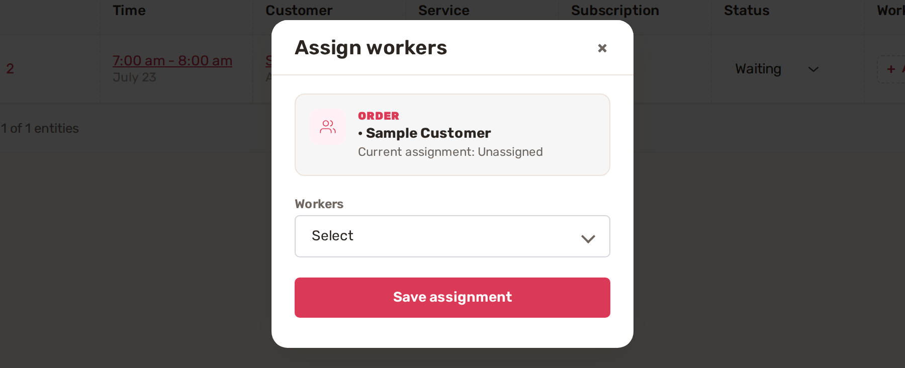 The Assign workers window showing the current assignment, the Workers picker and Save assignment
