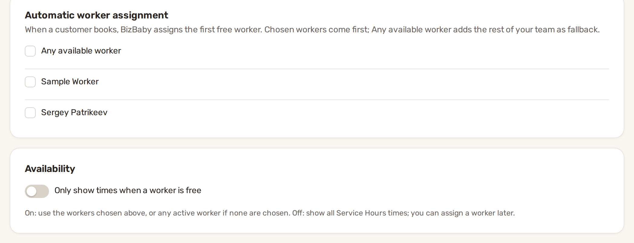 A service's Automatic worker assignment card with Any available worker and the team, next to the Availability card
