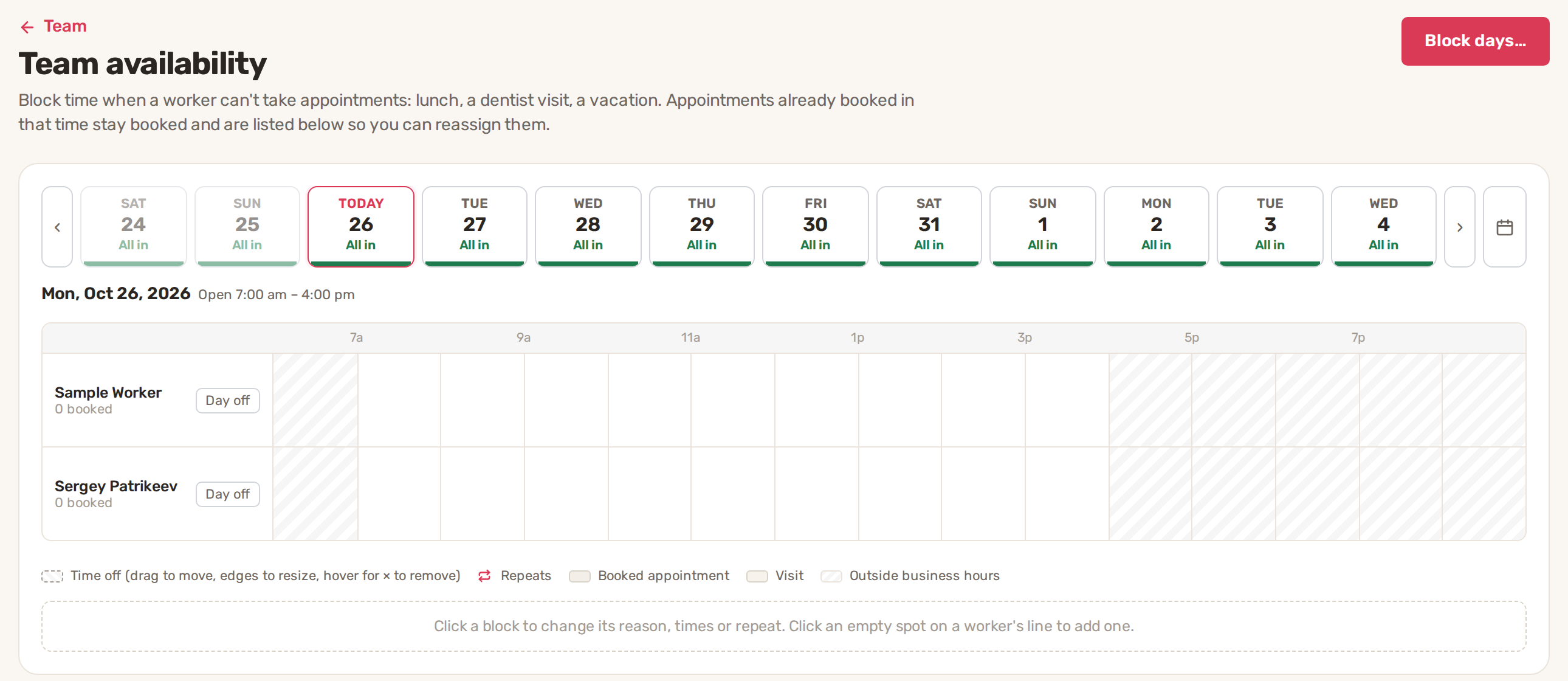 The Team availability page: a strip of days marked All in, and a timeline line for each worker with a Day off button