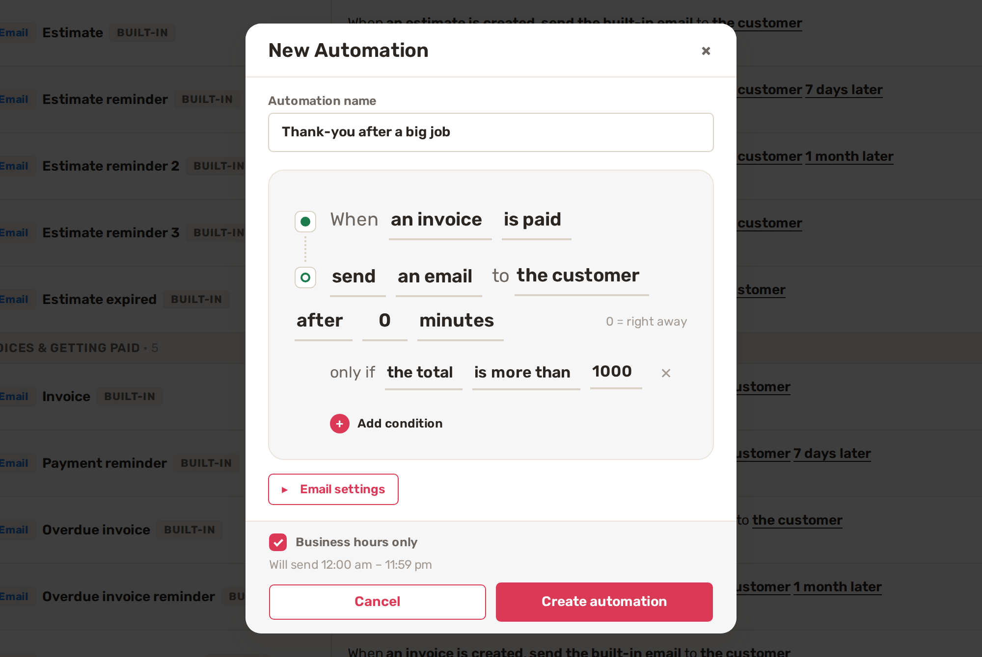 The New Automation window: when an invoice is paid, send an email to the customer, only if the total is more than 1000