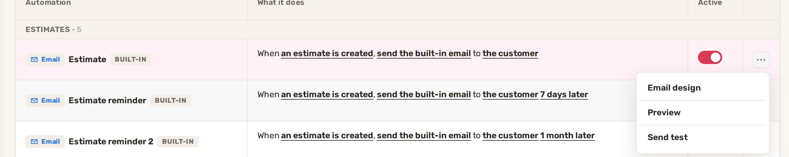 The menu on a built-in automation: Email design, Preview, Send test