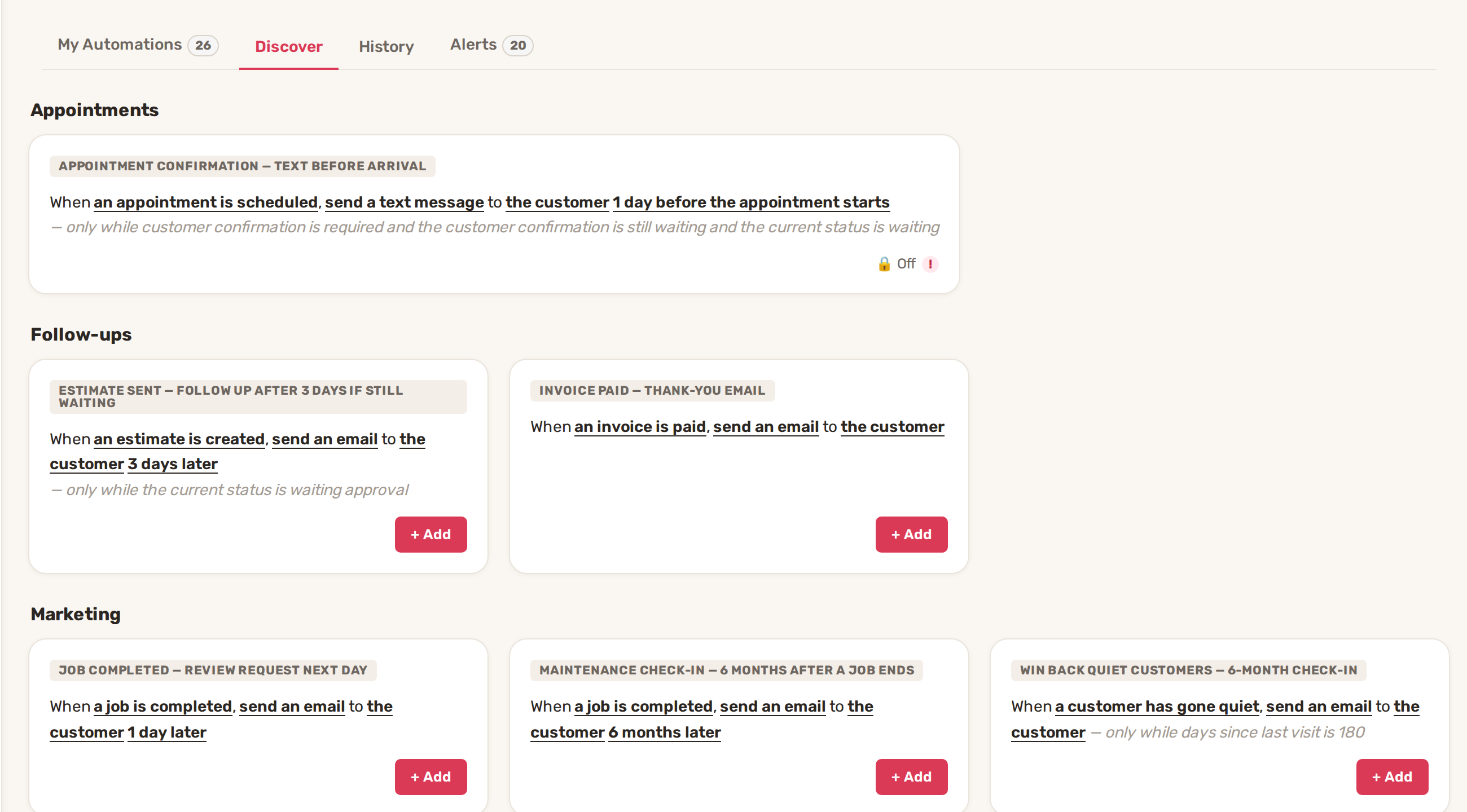 The Discover tab with ready-made automations for appointments, follow-ups and marketing