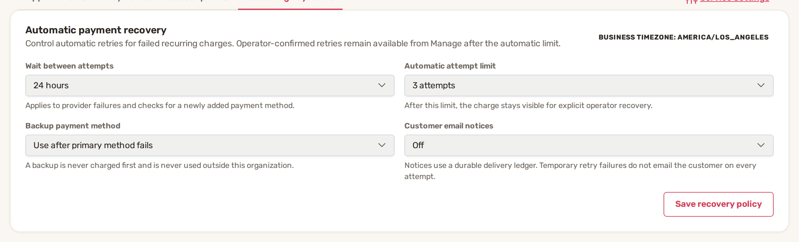 The Automatic payment recovery card: wait between attempts, attempt limit, backup payment method and customer email notices