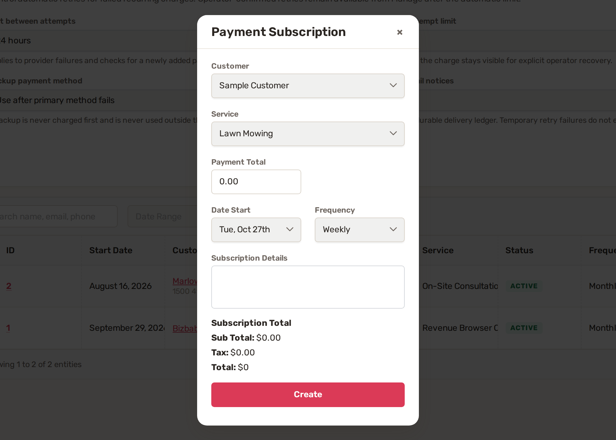 The Payment Subscription window with Customer, Service, Payment Total, Date Start, Frequency and Subscription Details