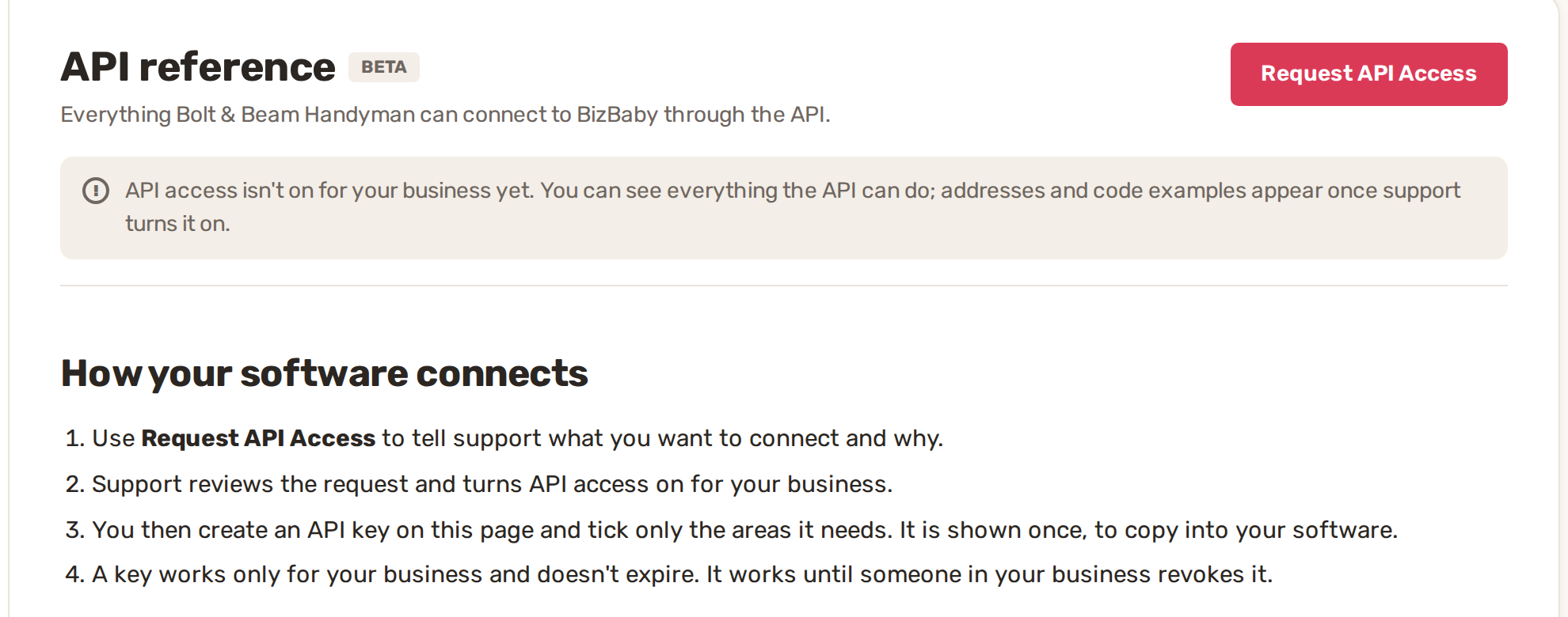 The API reference page with the Beta label, the Request API Access button and the notice that API access isn't on yet