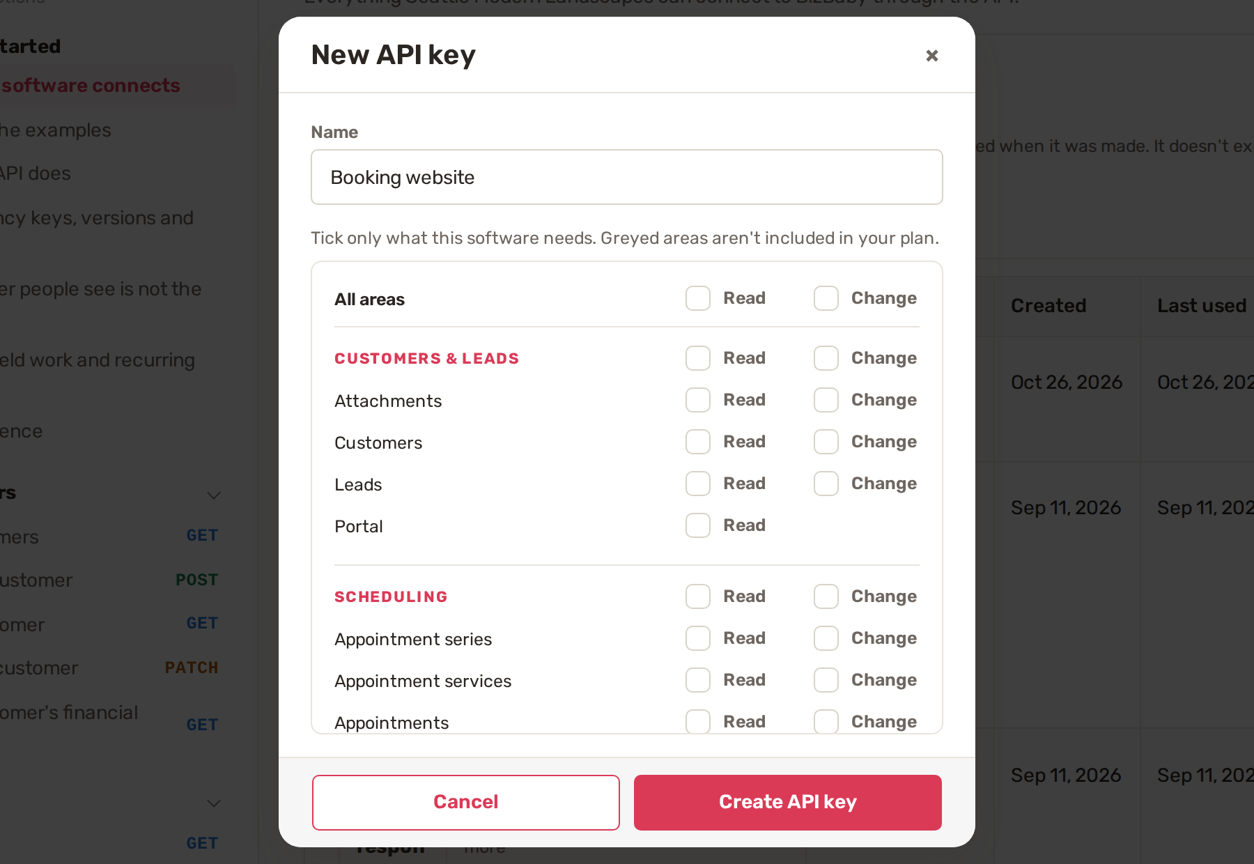The New API key window: a name, then Read and Change ticks for each area such as Customers, Leads and Appointments