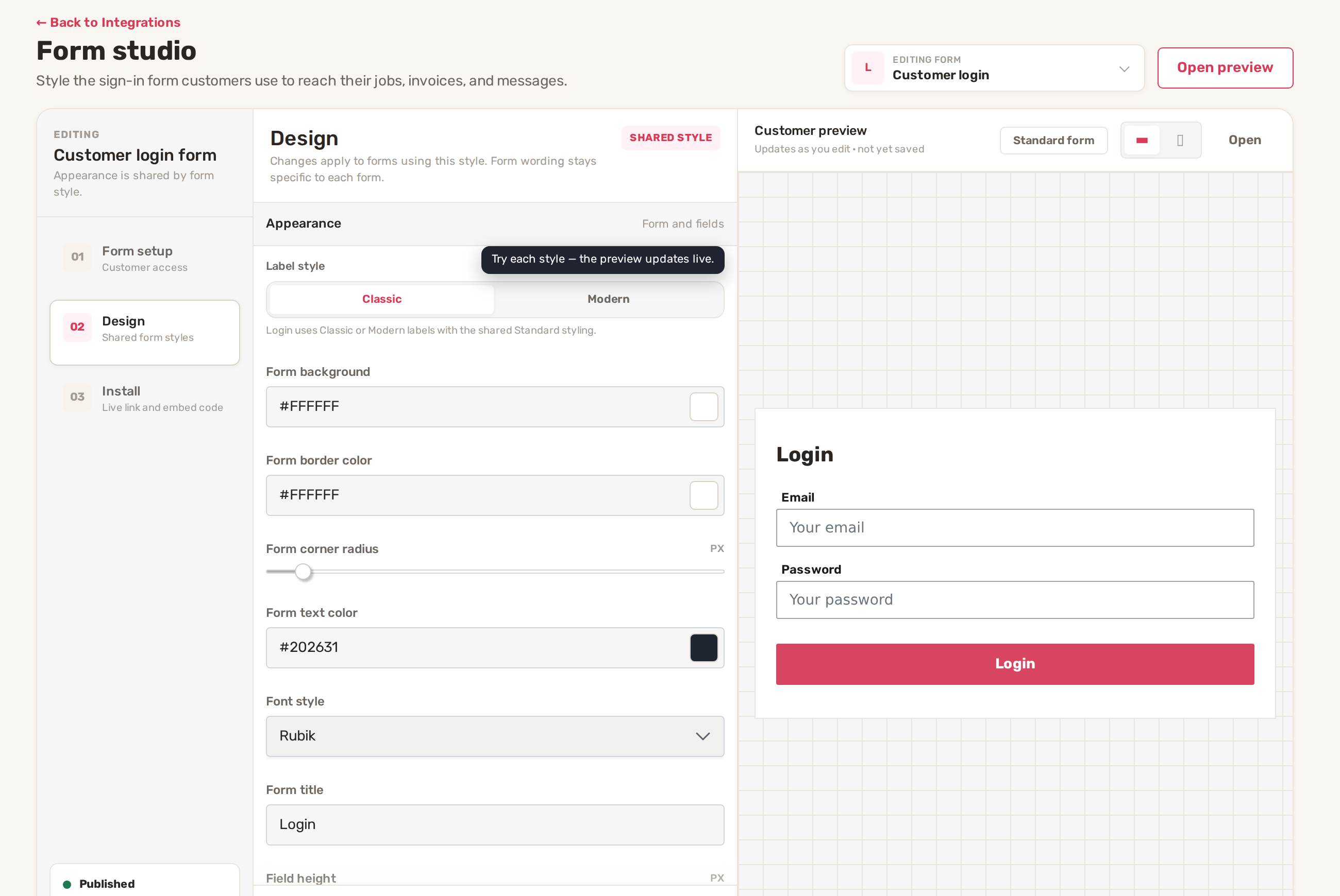 Form studio editing the Customer login form, with design settings on the left and a live preview on the right
