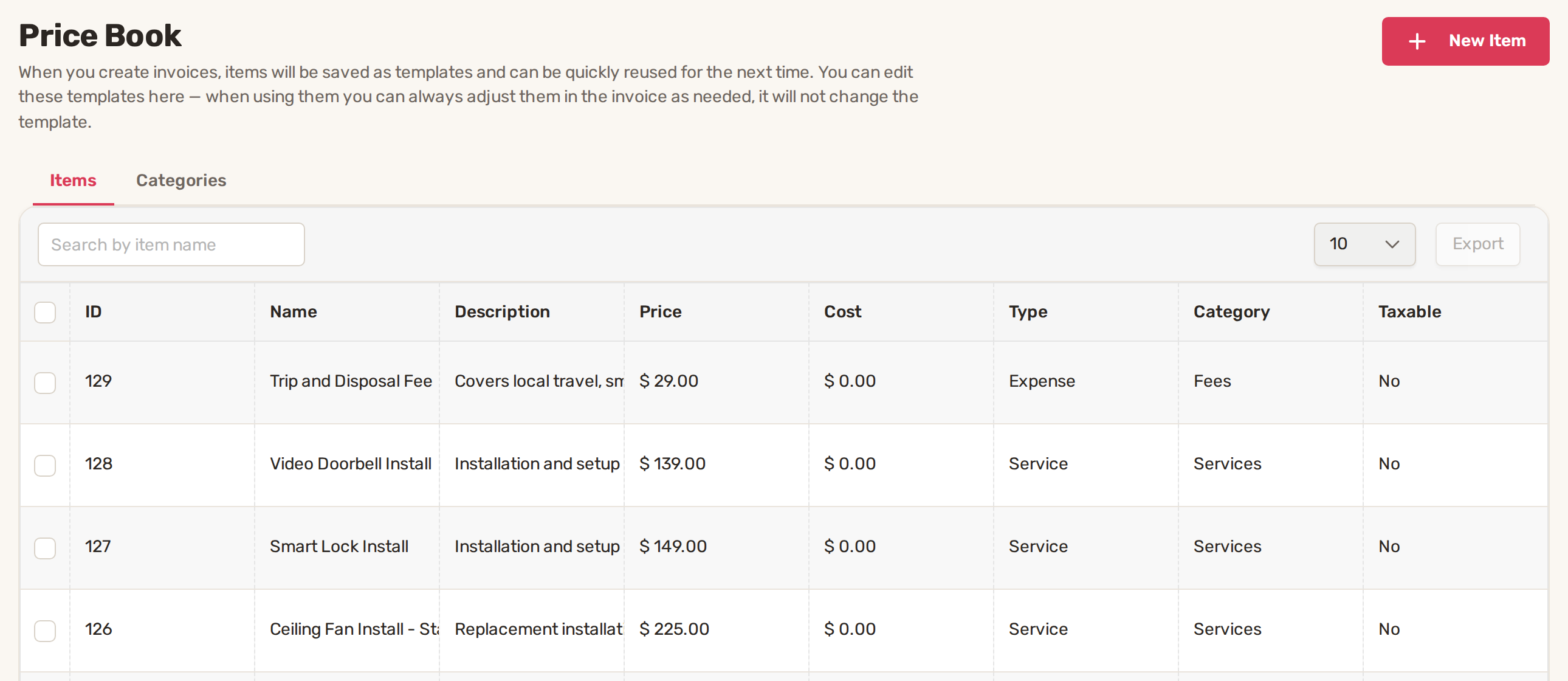 The Price Book page: Items and Categories tabs and the list of items with price, cost, type, category and taxable