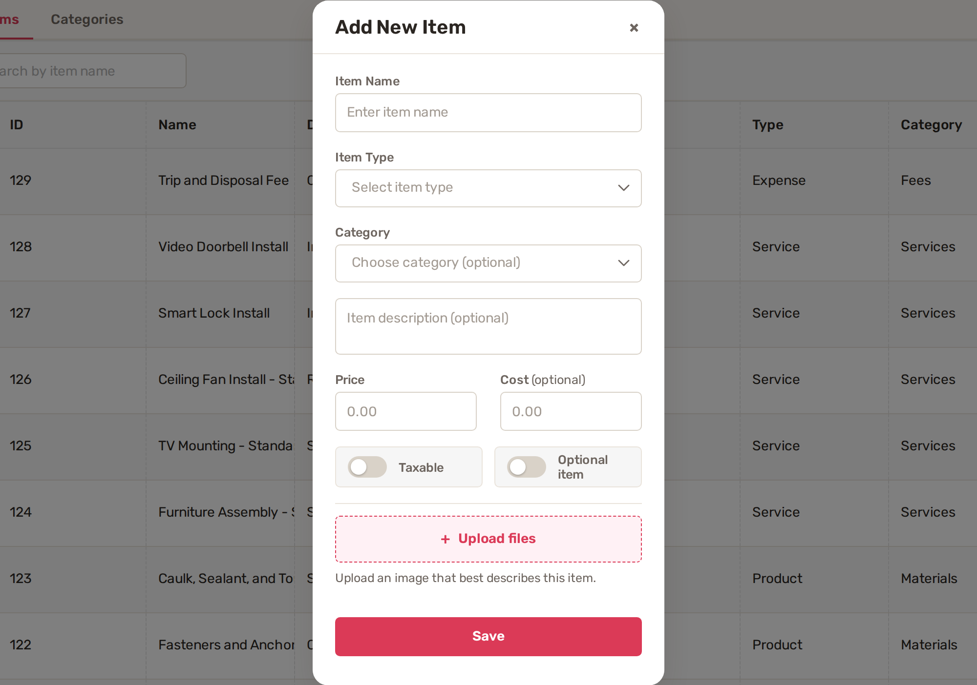 The Add New Item window: Item Name, Item Type, Category, description, Price, Cost, Taxable, Optional item and Upload files