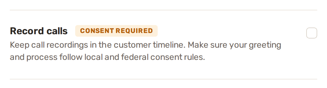 The Record calls setting with the Consent required label and its tick box