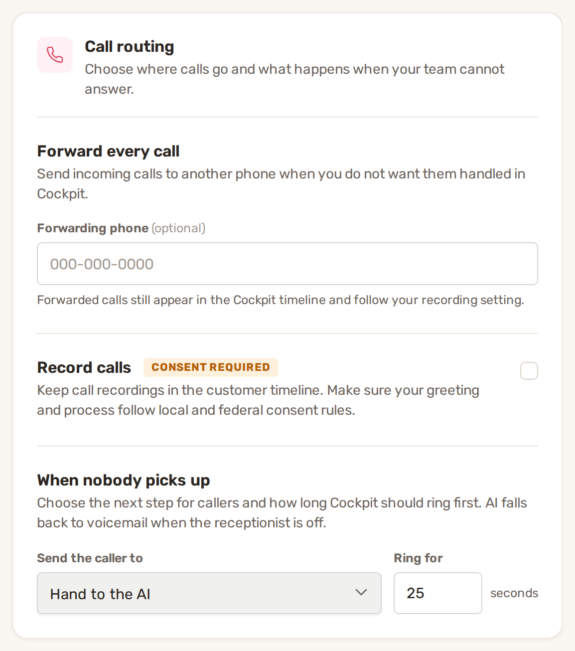 The Call routing card: Forward every call, Record calls, and When nobody picks up with Send the caller to and Ring for