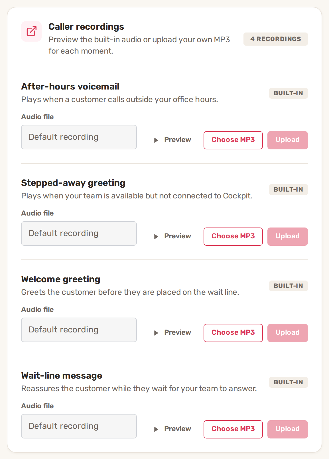 The Caller recordings card with After-hours voicemail, Stepped-away greeting, Welcome greeting and Wait-line message, each with Preview, Choose MP3 and Upload