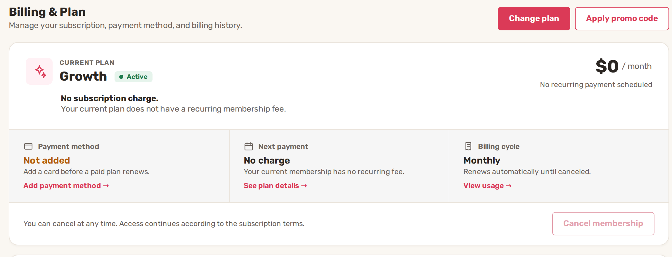 Billing and Plan: the current plan card with Payment method, Next payment and Billing cycle, and the Change plan and Apply promo code buttons