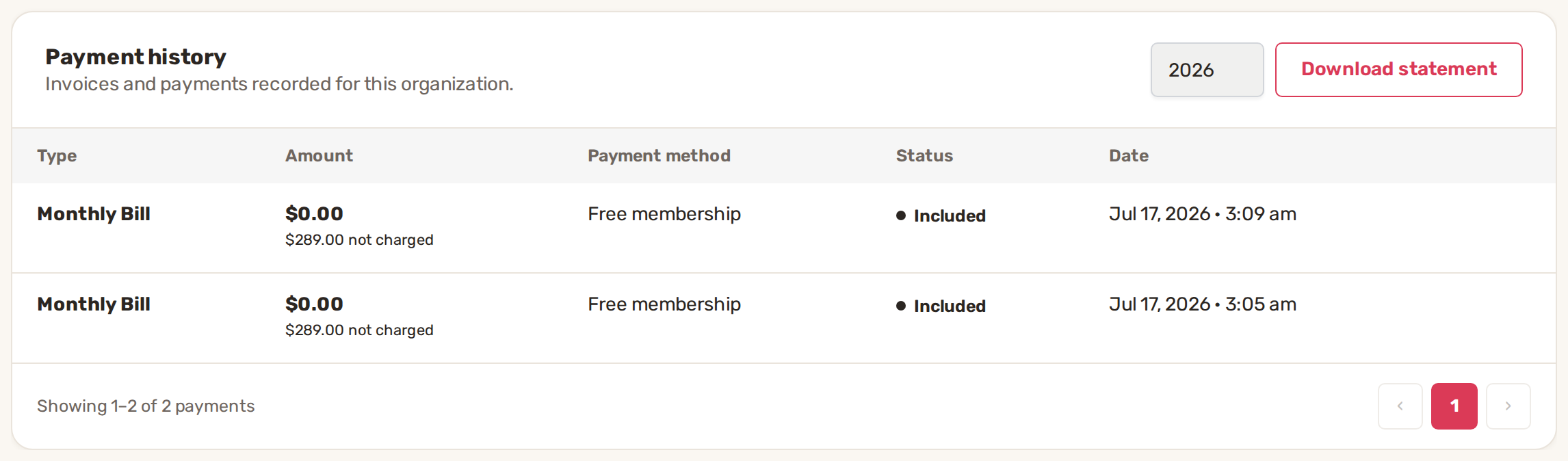 Payment history with a year picker, Download statement, and monthly bills marked Included