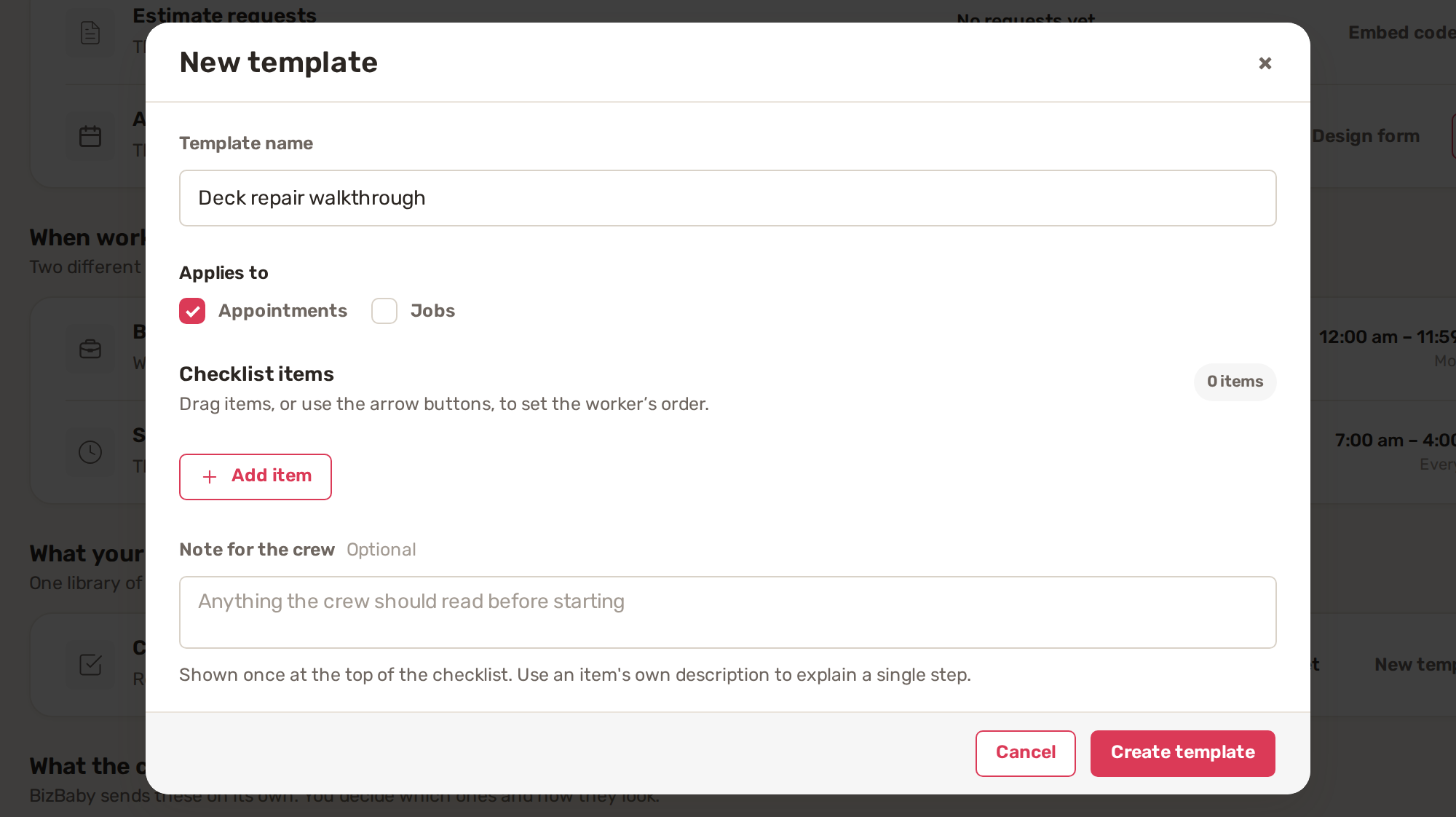 The New template window: Template name, Applies to Appointments and Jobs, Checklist items with Add item, and Note for the crew