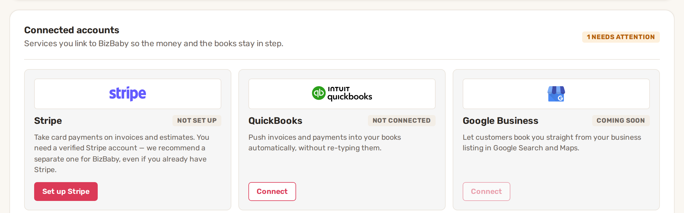 Settings, Integrations: the Stripe tile shows Not set up with a Set up Stripe button