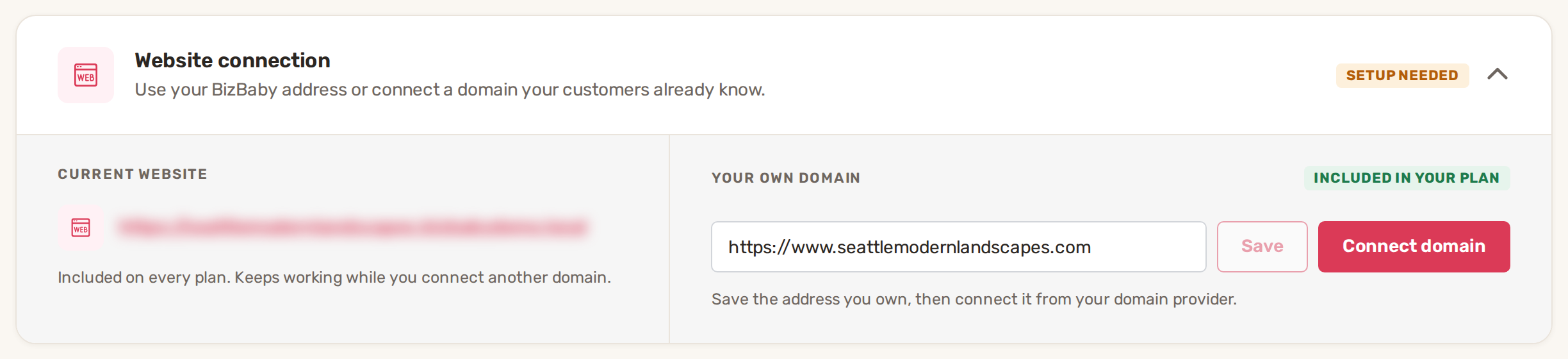The Website connection card: the current BizBaby address on the left, the domain field with Save and Connect domain on the right