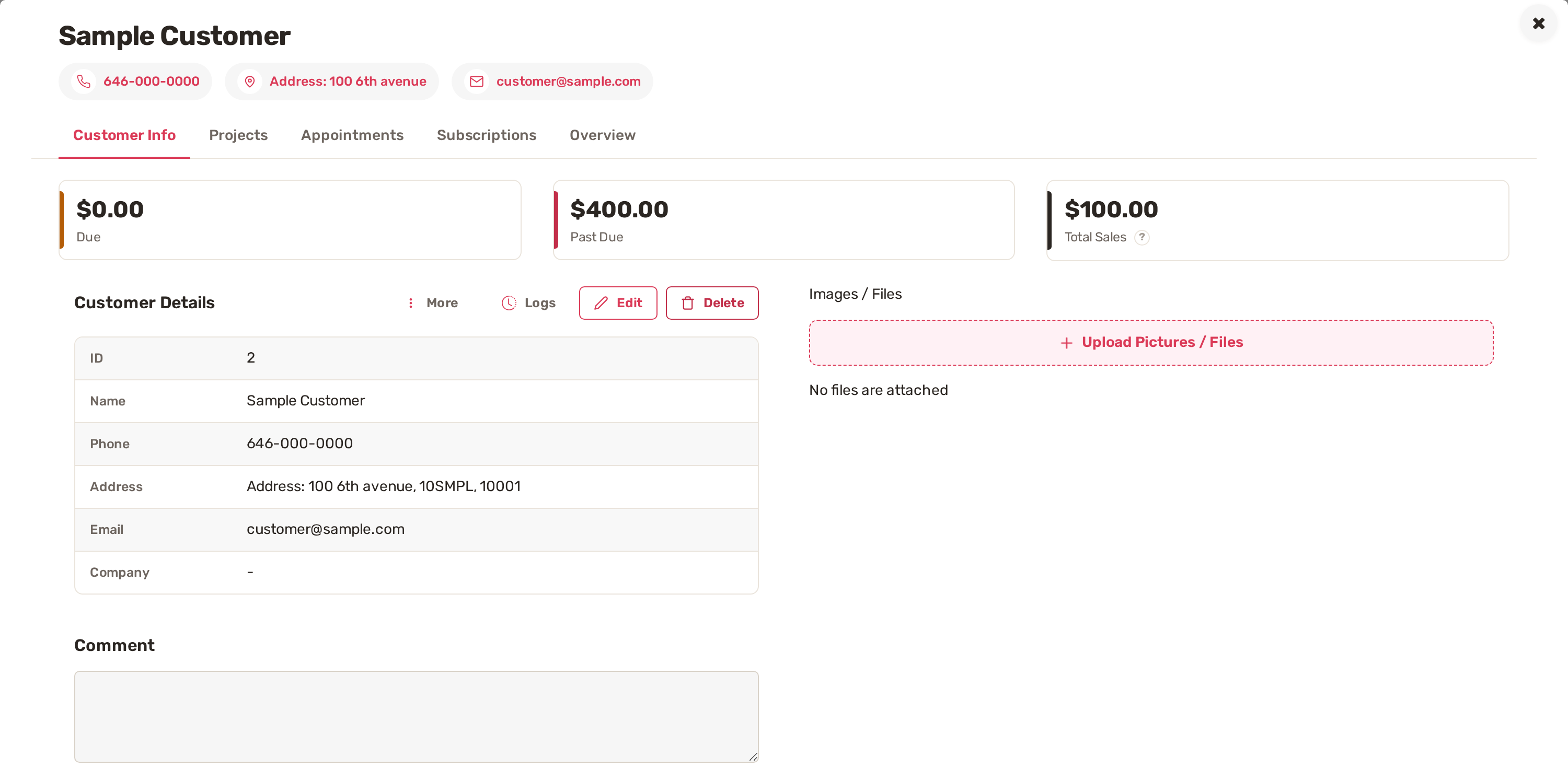 A customer record on the Customer Info tab: balances, Customer Details, Comment and Images / Files