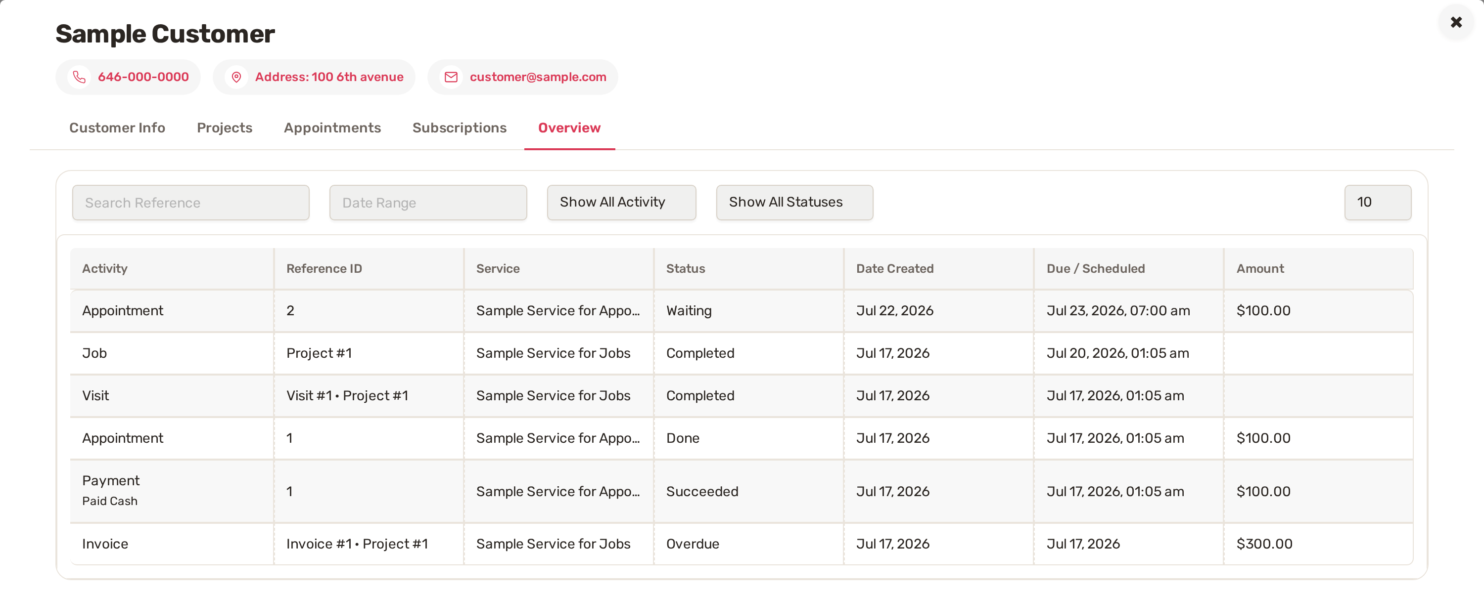 The Overview tab listing appointments, a job, a visit, a payment and an invoice for one customer