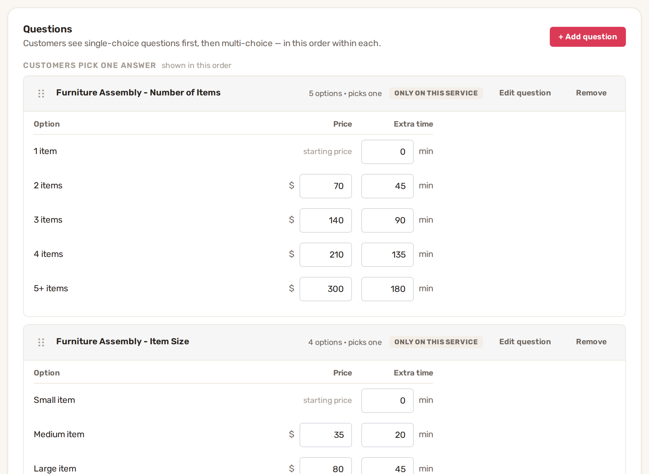 The Questions card on a service: two single-choice questions with a price and extra time for each option