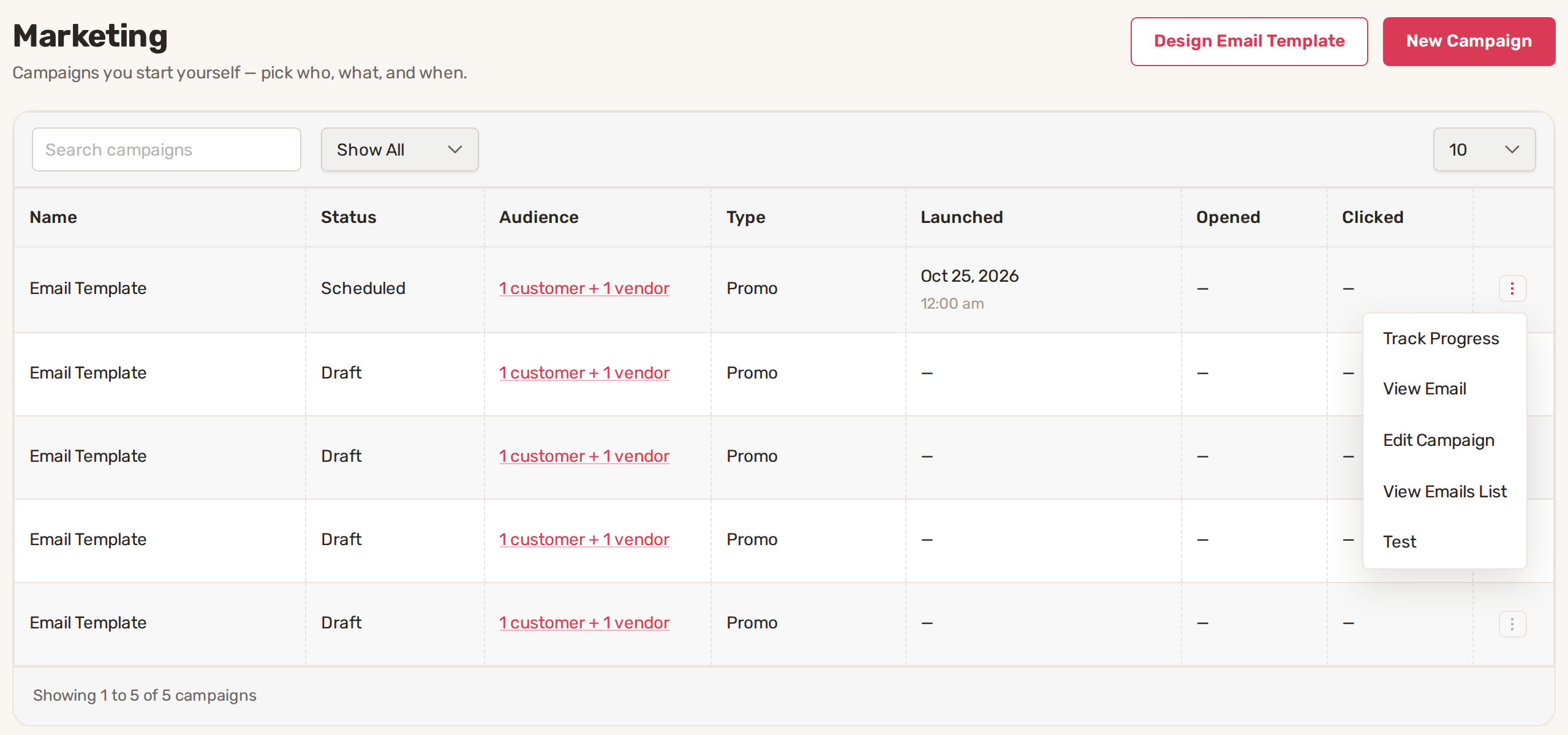 The Marketing page listing campaigns with their status, audience, type, launch date, opened and clicked columns, and a row menu open