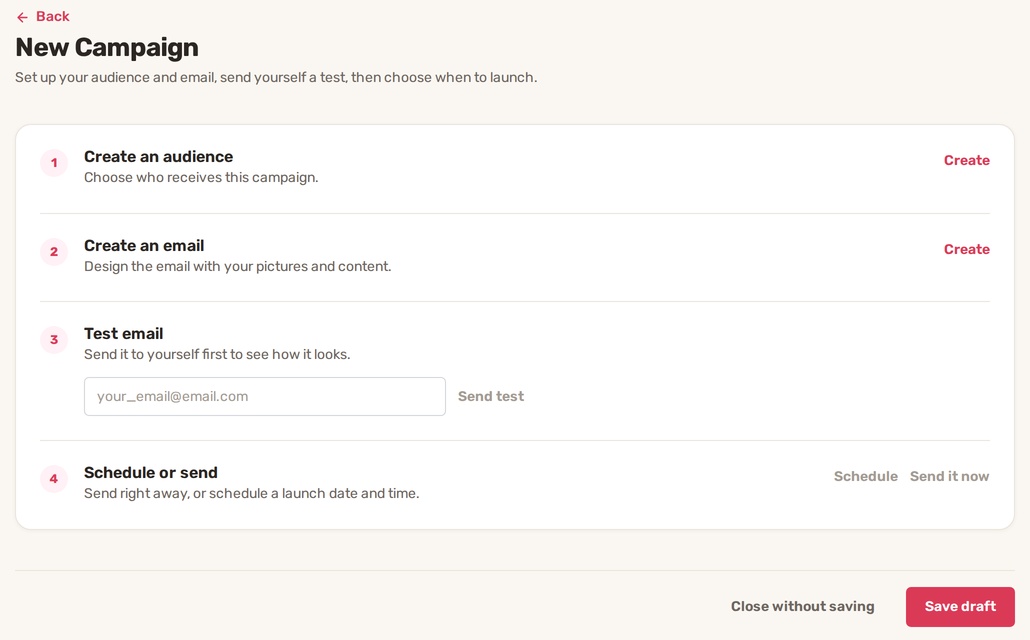 The New Campaign page with four steps: Create an audience, Create an email, Test email and Schedule or send
