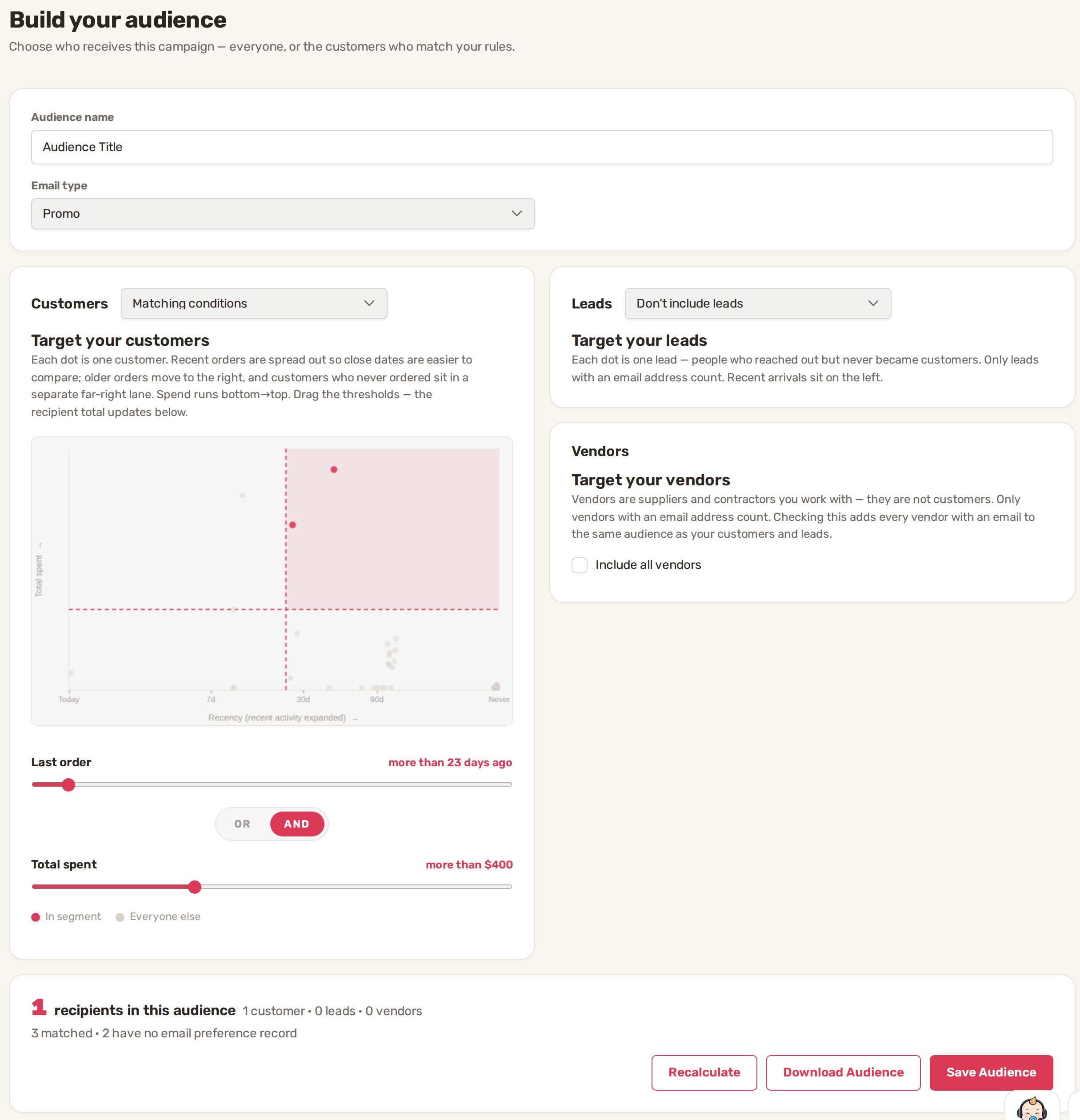 Build your audience: audience name, email type, the customer chart with Last order and Total spent sliders, leads and vendors, and the recipient count