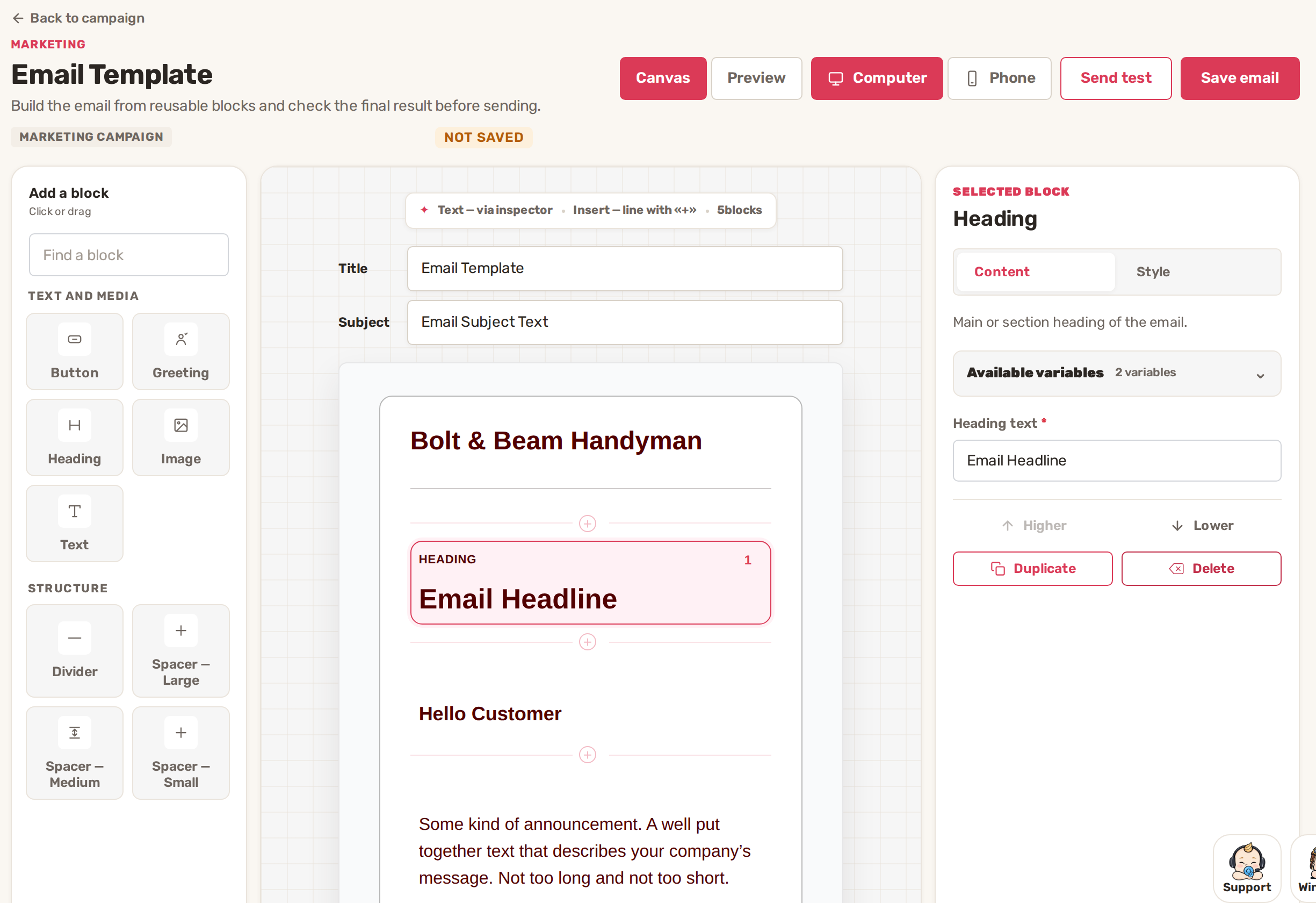 The email editor with the block list on the left, the email in the middle and the selected Heading block's settings on the right