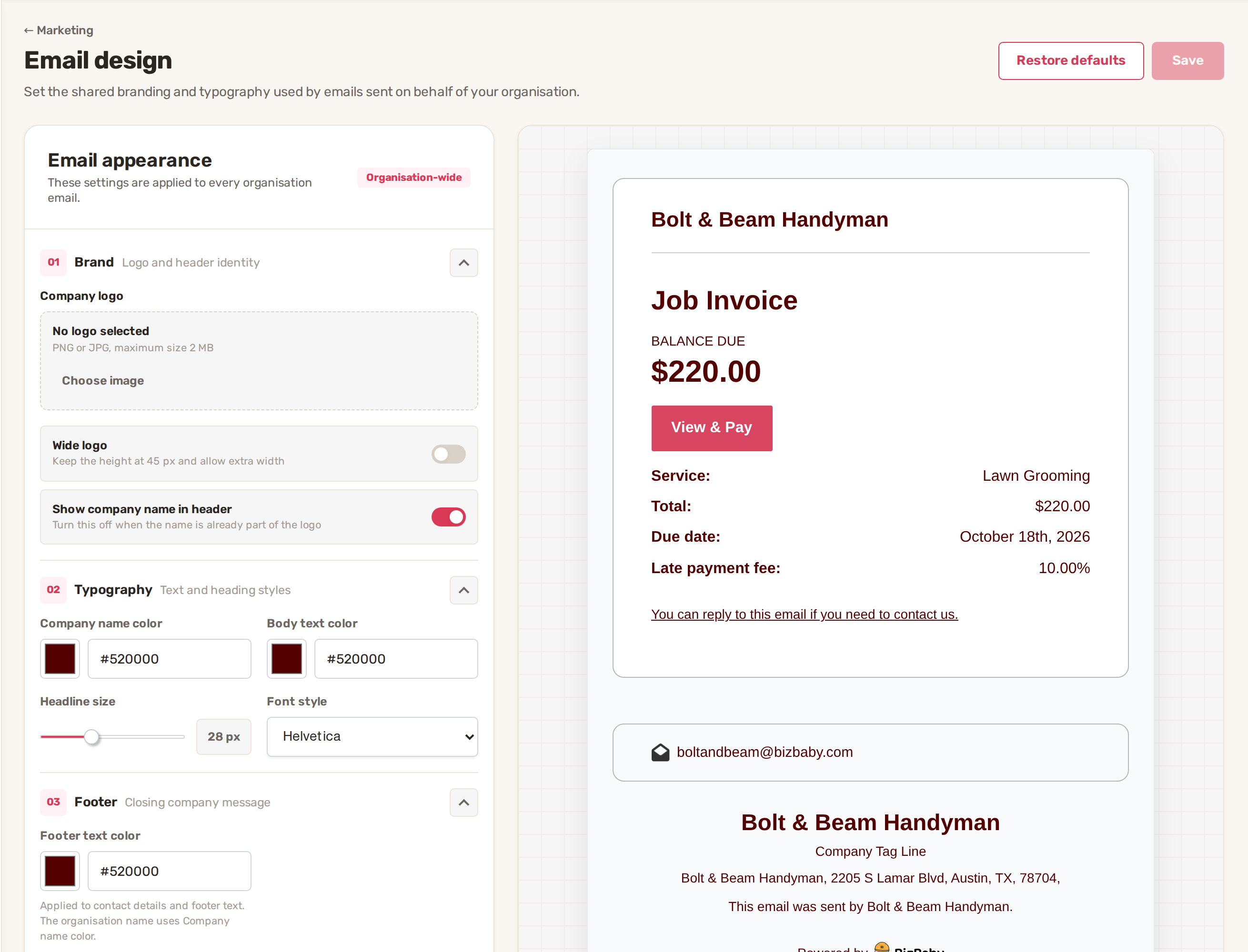 The Email design page: Brand and Typography settings on the left, a live invoice email preview on the right