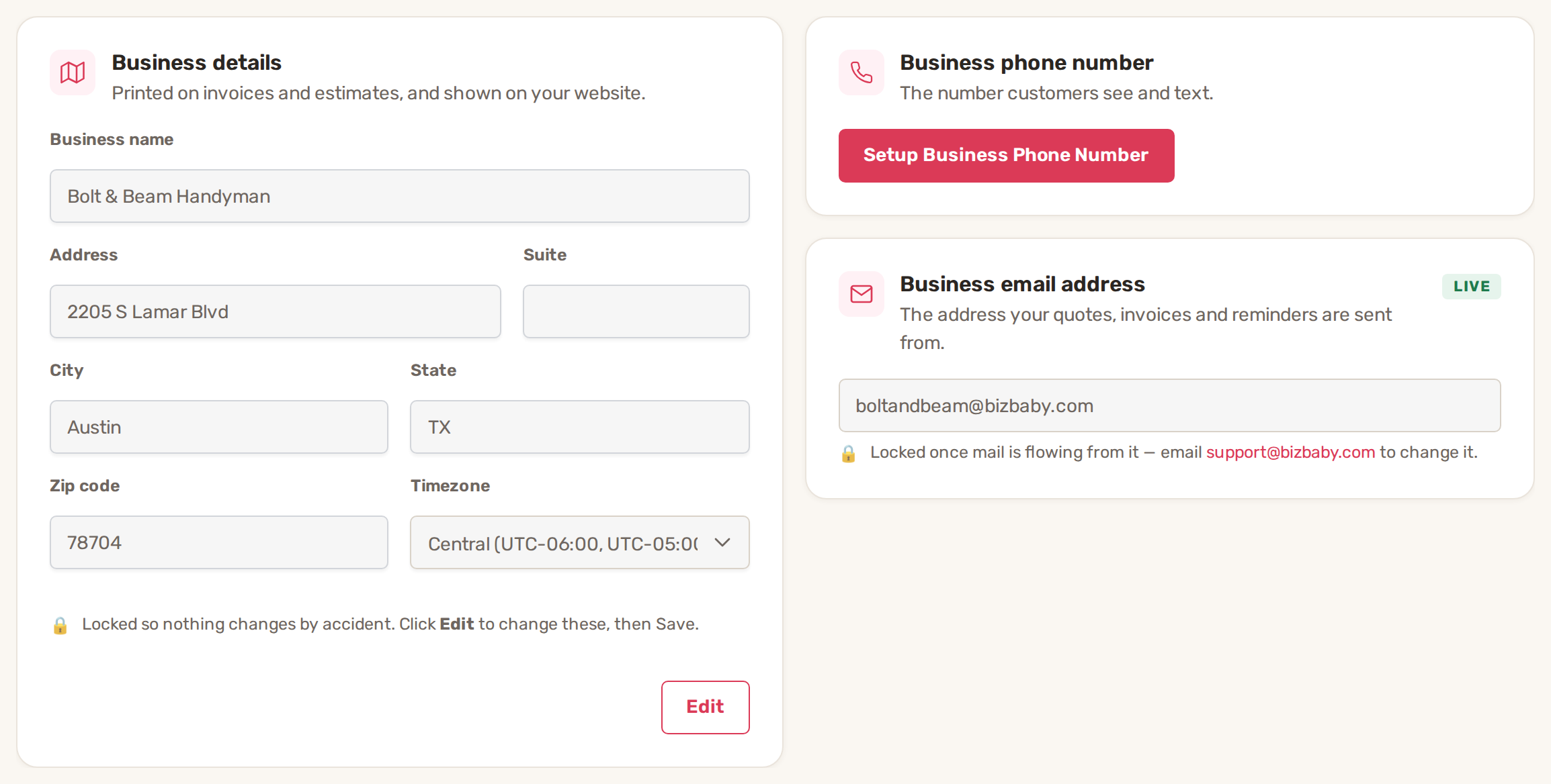 Business Information: Business details next to the Business email address card, marked Live