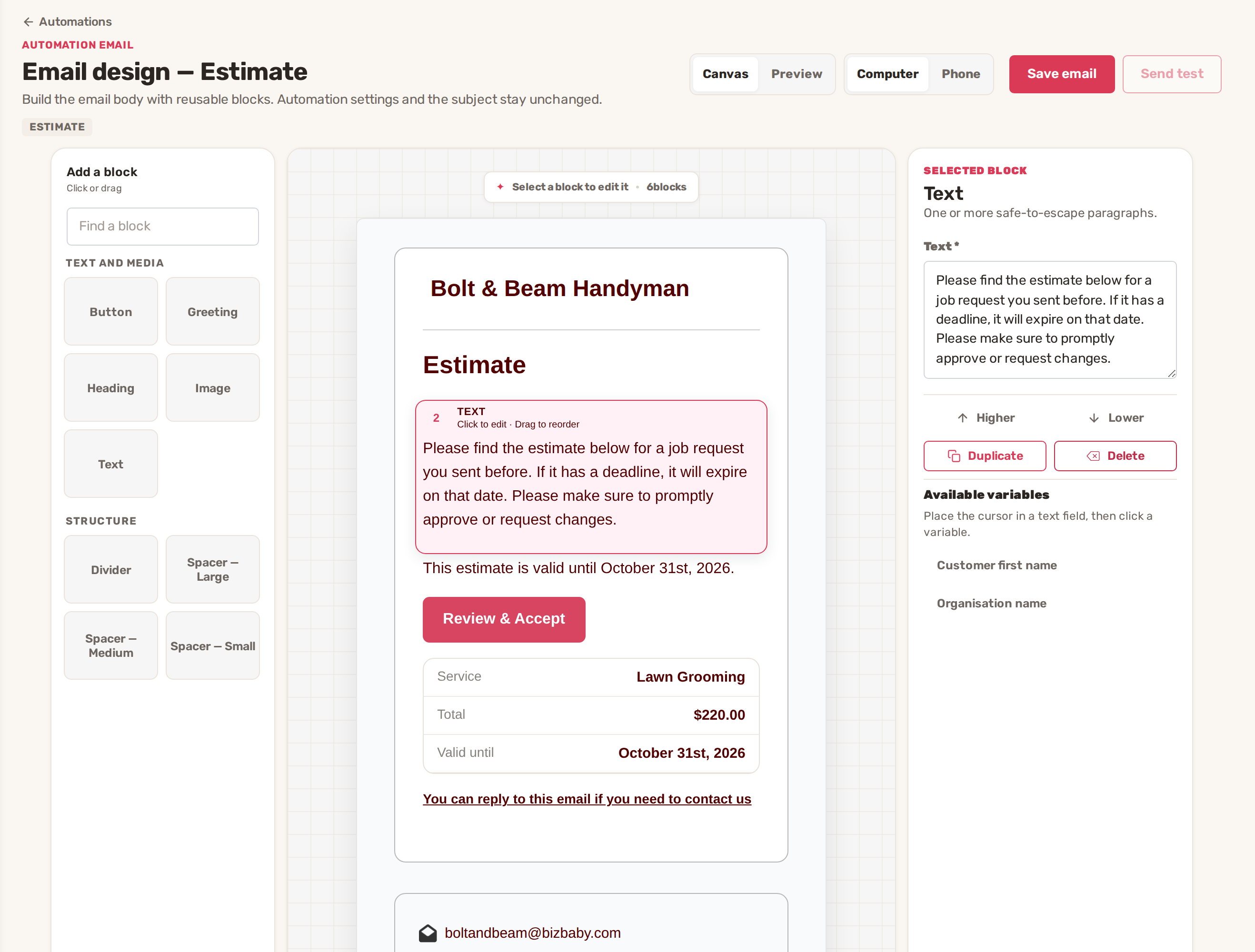 Email design for the built-in Estimate email, with its text block selected and the block's settings on the right