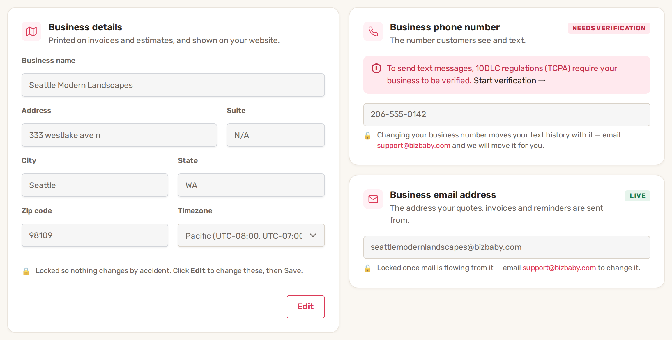 Settings, Information tab: Business details next to the Business phone number and Business email address cards