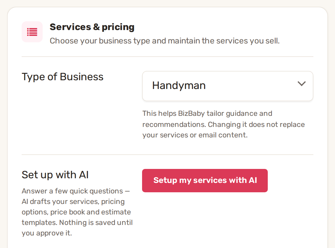 Services and pricing: type of business and set up with AI