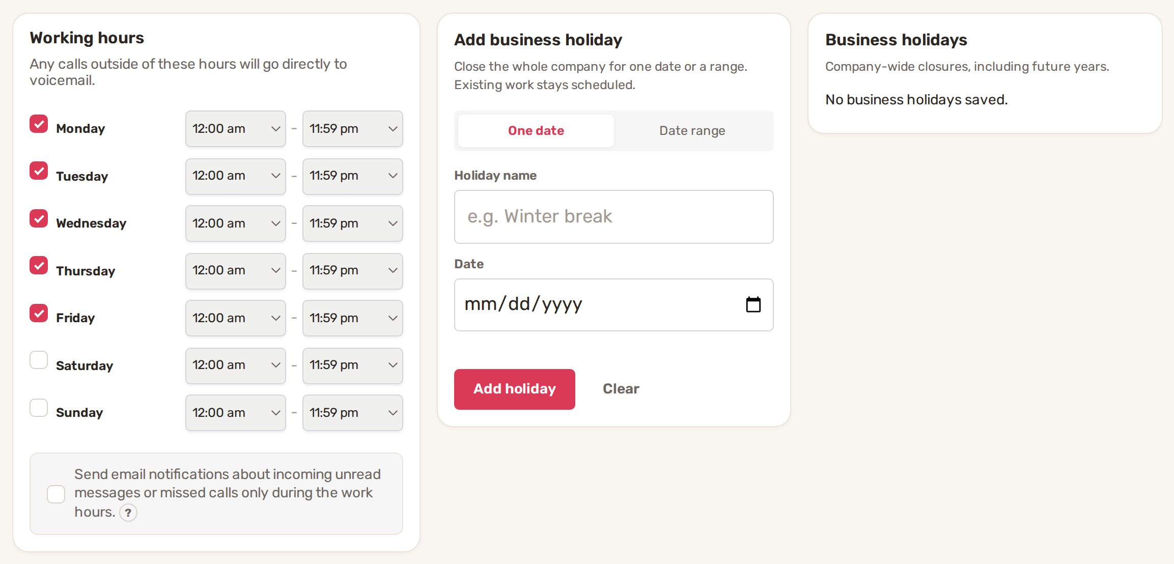 Working hours for each day, next to Add business holiday and the list of business holidays
