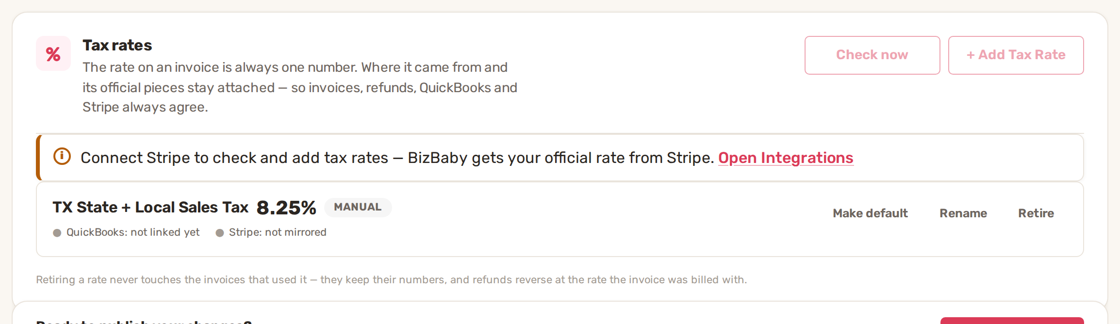 The Tax rates card with Check now and Add Tax Rate
