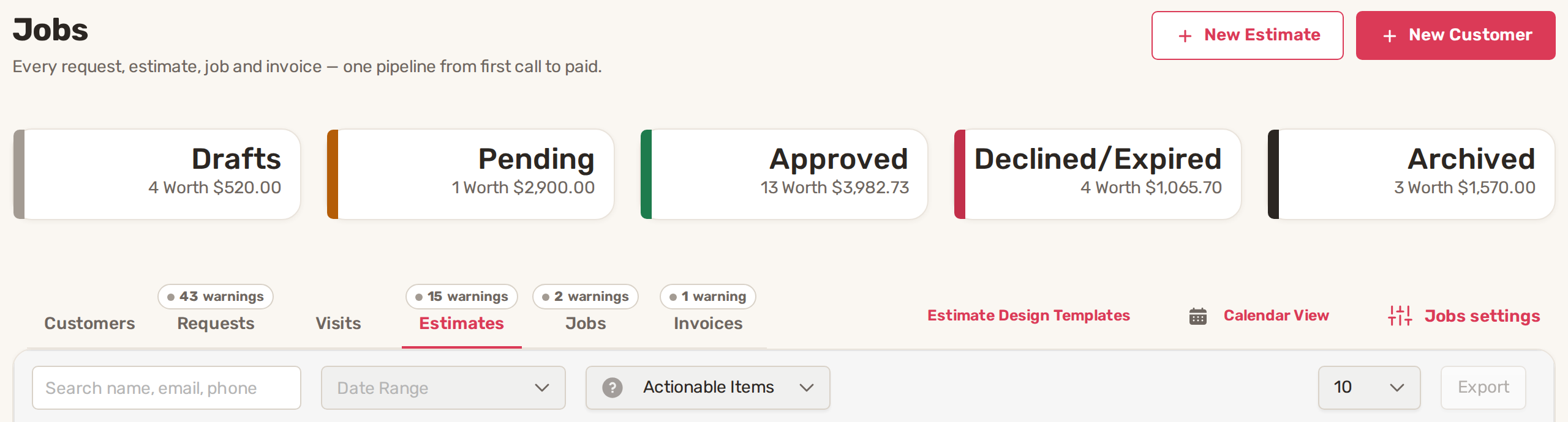 The Jobs and Invoices page on the Estimates tab, with totals for drafts, pending, approved, declined and archived estimates