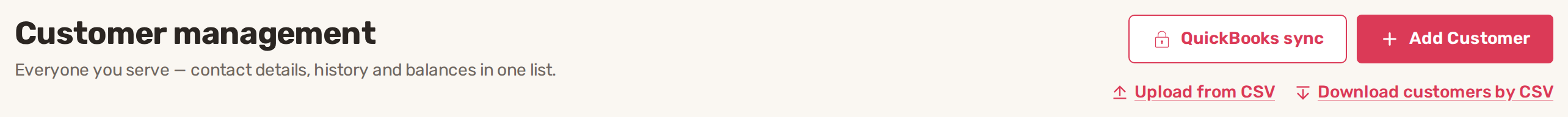 Customer management page header with Add Customer, Upload from CSV and Download customers by CSV