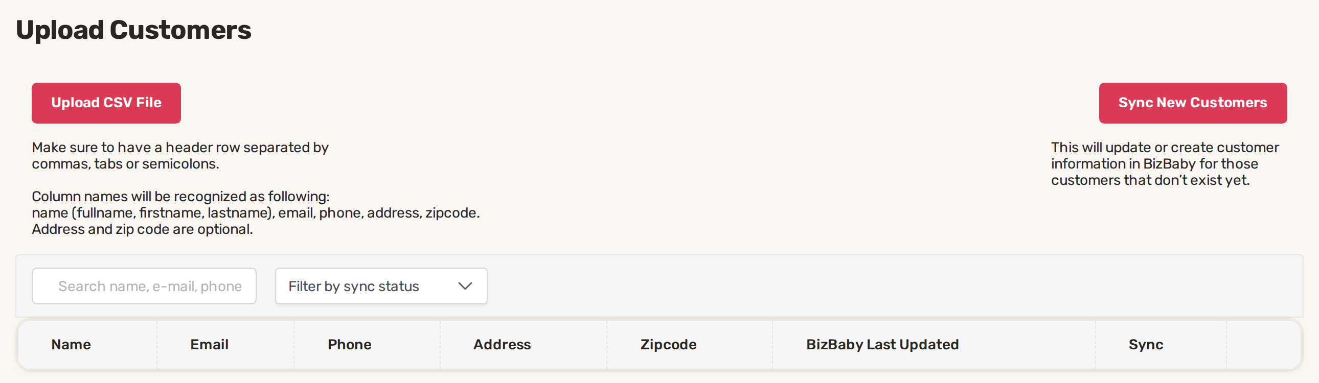 The Upload Customers page with Upload CSV File, Sync New Customers and the empty preview table
