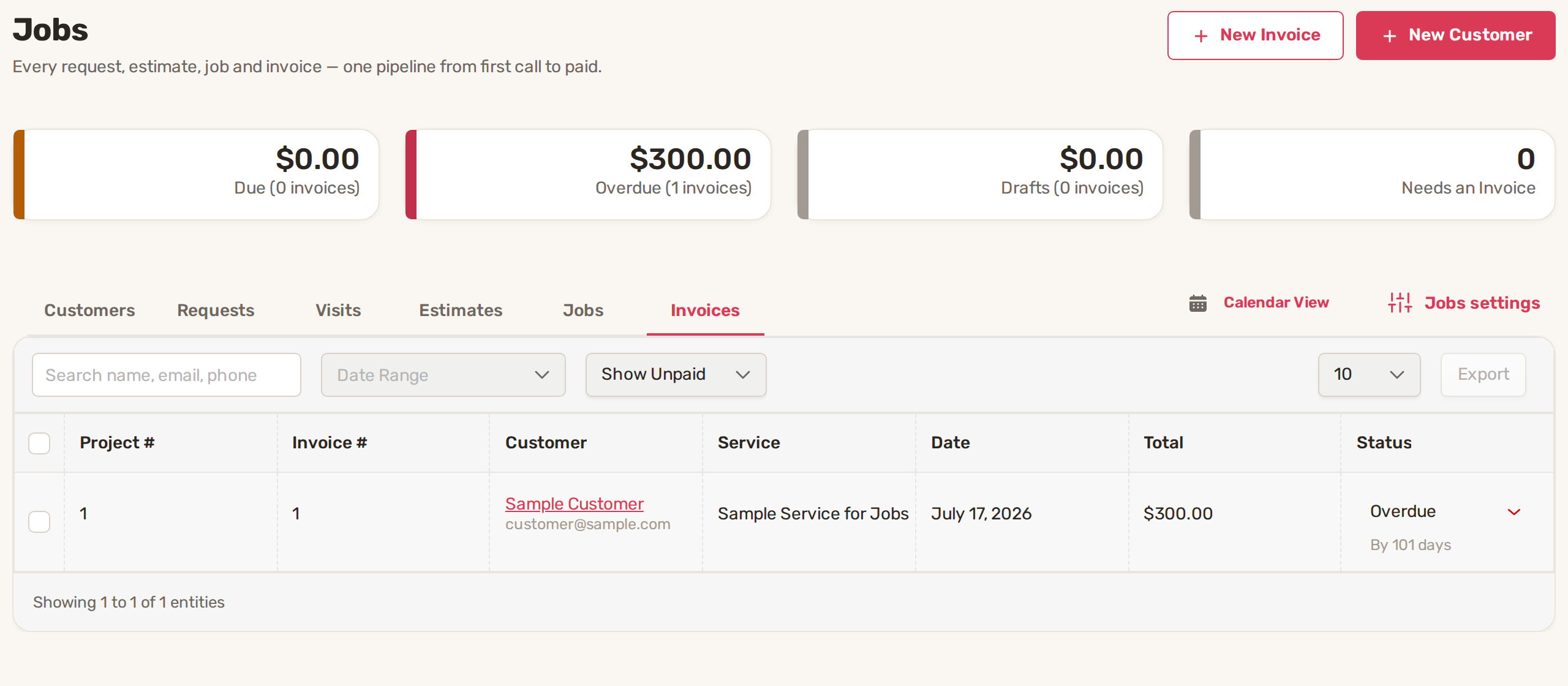 The Invoices tab with totals for Due, Overdue, Drafts and Needs an Invoice, and an overdue invoice in the list